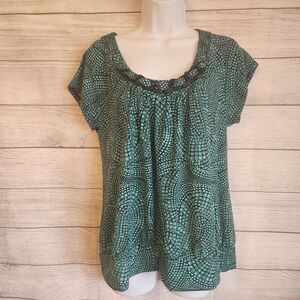 Apt 9 LP Teal Print Blouse Petite Boho Chic Flowy Casual Top